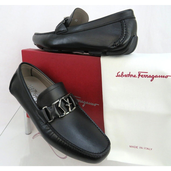 FERRAGAMO PETER BLACK LEATHER SF LOGO BUCKLE MOCCASIN DRIVING LOAFERS US 9.5 D main image 10